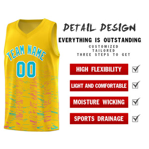 Custom Gold Sky Blue Personalized Scratches Pattern Sports Uniform Basketball Jersey