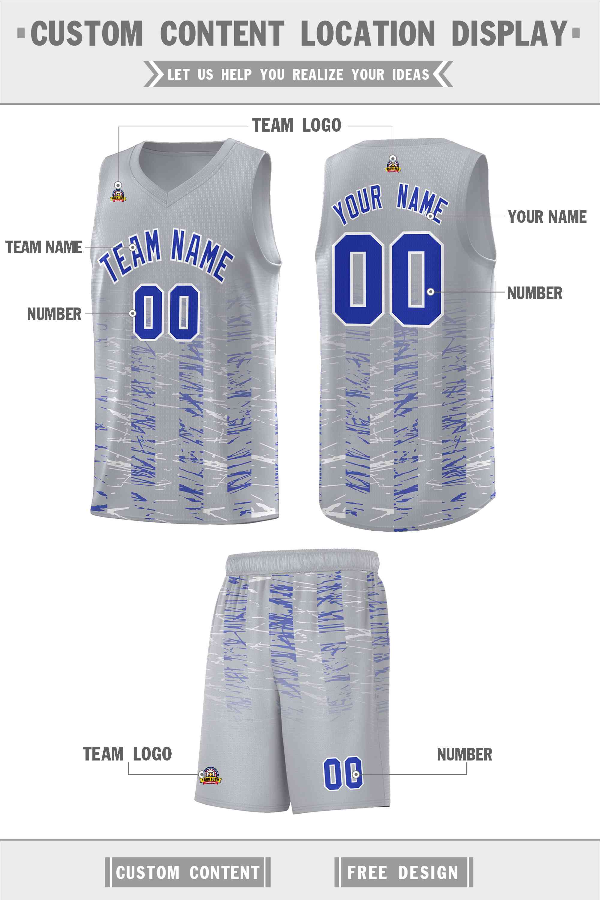 Custom Gray Royal Personalized Scratches Pattern Sports Uniform Basketball Jersey