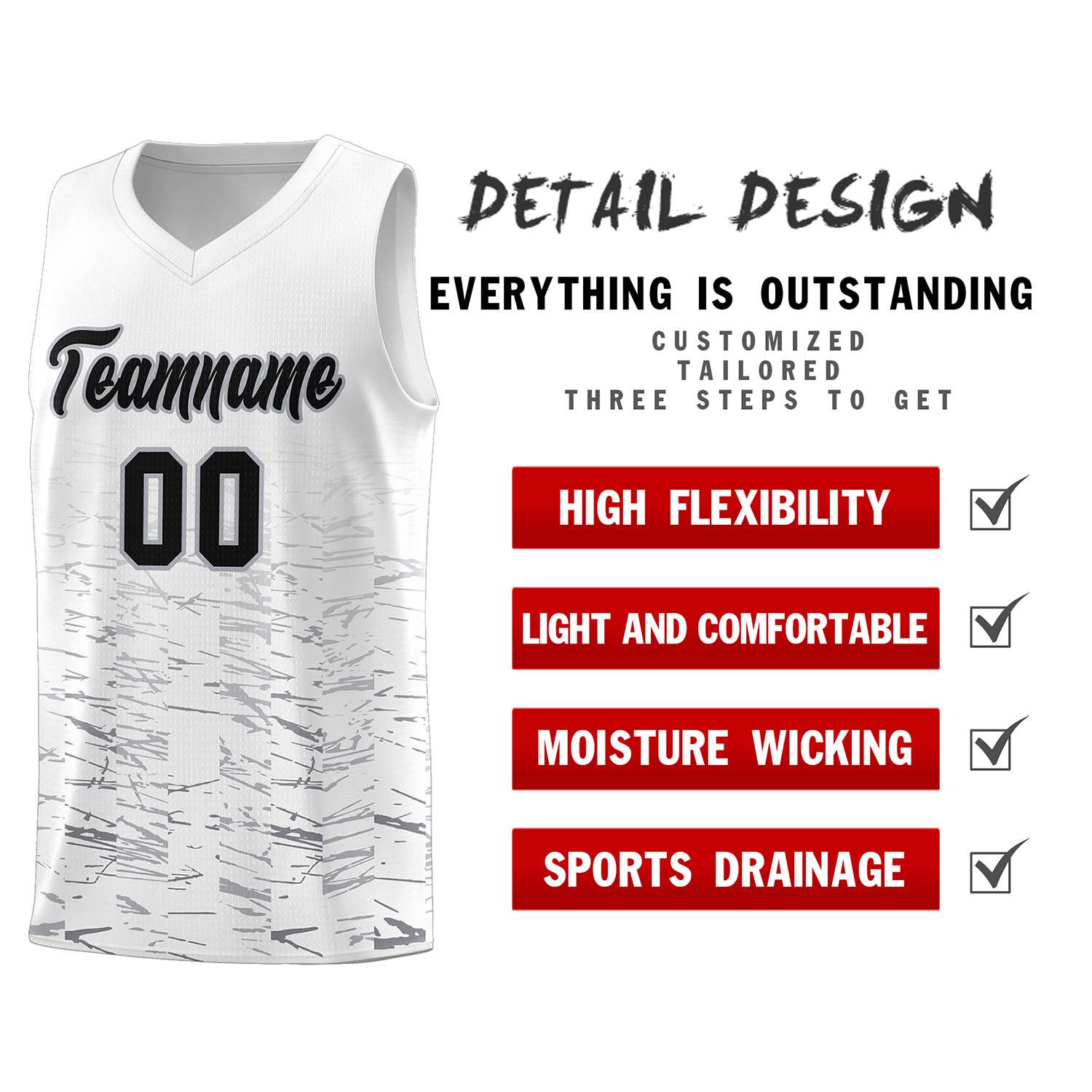 Custom White Black Personalized Scratches Pattern Sports Uniform Basketball Jersey