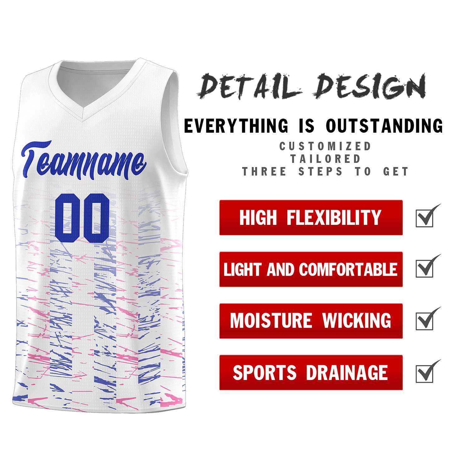 Custom White Royal Personalized Scratches Pattern Sports Uniform Basketball Jersey