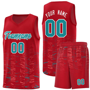 Custom Red Aqua Personalized Scratches Pattern Sports Uniform Basketball Jersey