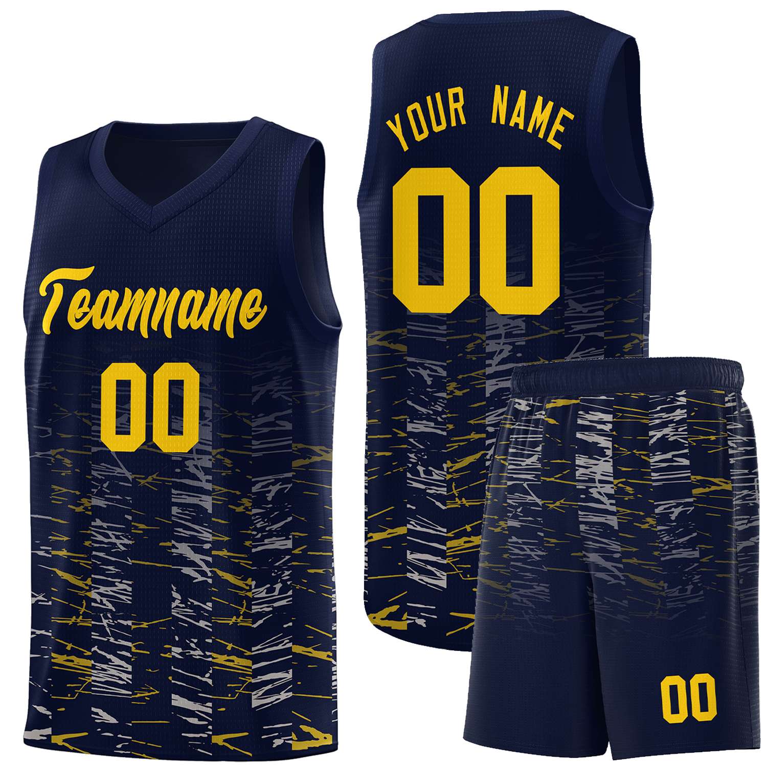 Custom Navy Gold Personalized Scratches Pattern Sports Uniform Basketball Jersey