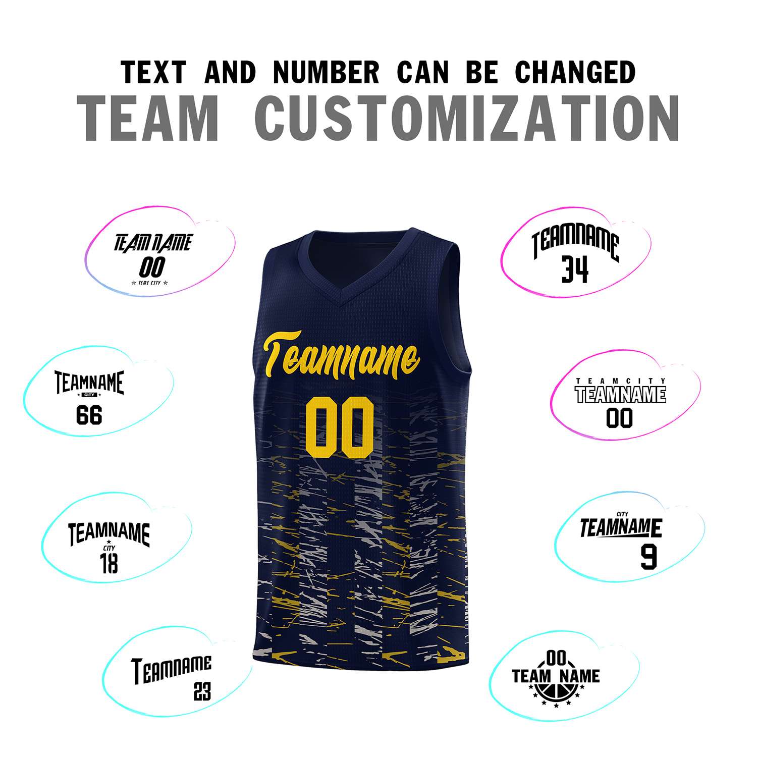 Custom Navy Gold Personalized Scratches Pattern Sports Uniform Basketball Jersey