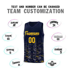 Custom Navy Gold Personalized Scratches Pattern Sports Uniform Basketball Jersey