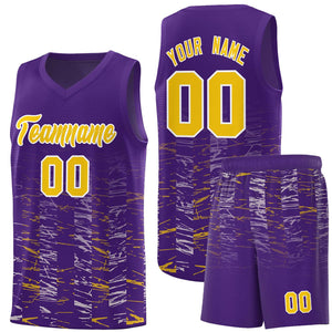 Custom Purple Gold Personalized Scratches Pattern Sports Uniform Basketball Jersey