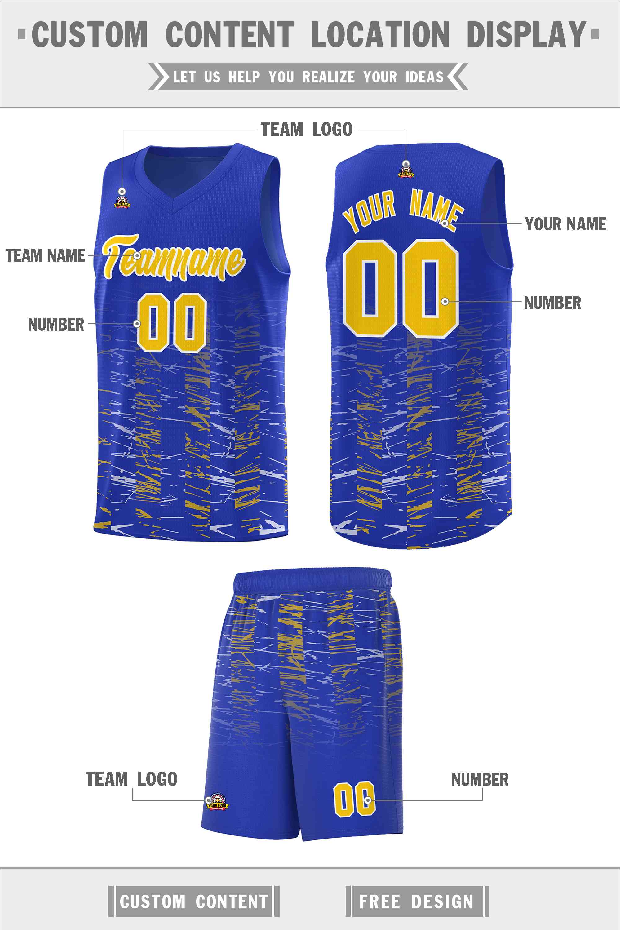 Custom Royal Gold Personalized Scratches Pattern Sports Uniform Basketball Jersey