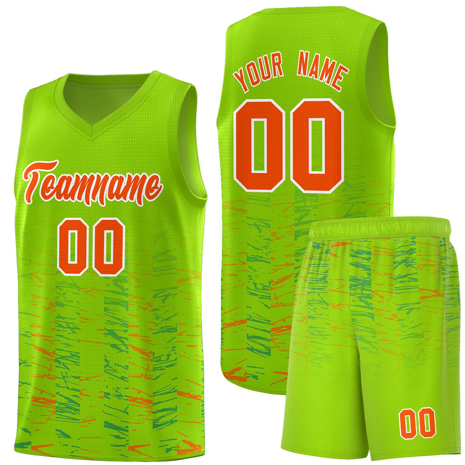 Custom Neon Green Orange Personalized Scratches Pattern Sports Uniform Basketball Jersey