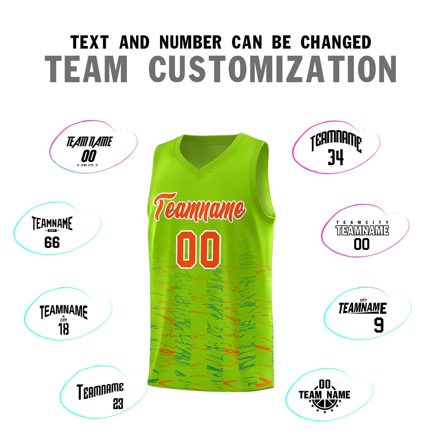 Custom Neon Green Orange Personalized Scratches Pattern Sports Uniform Basketball Jersey