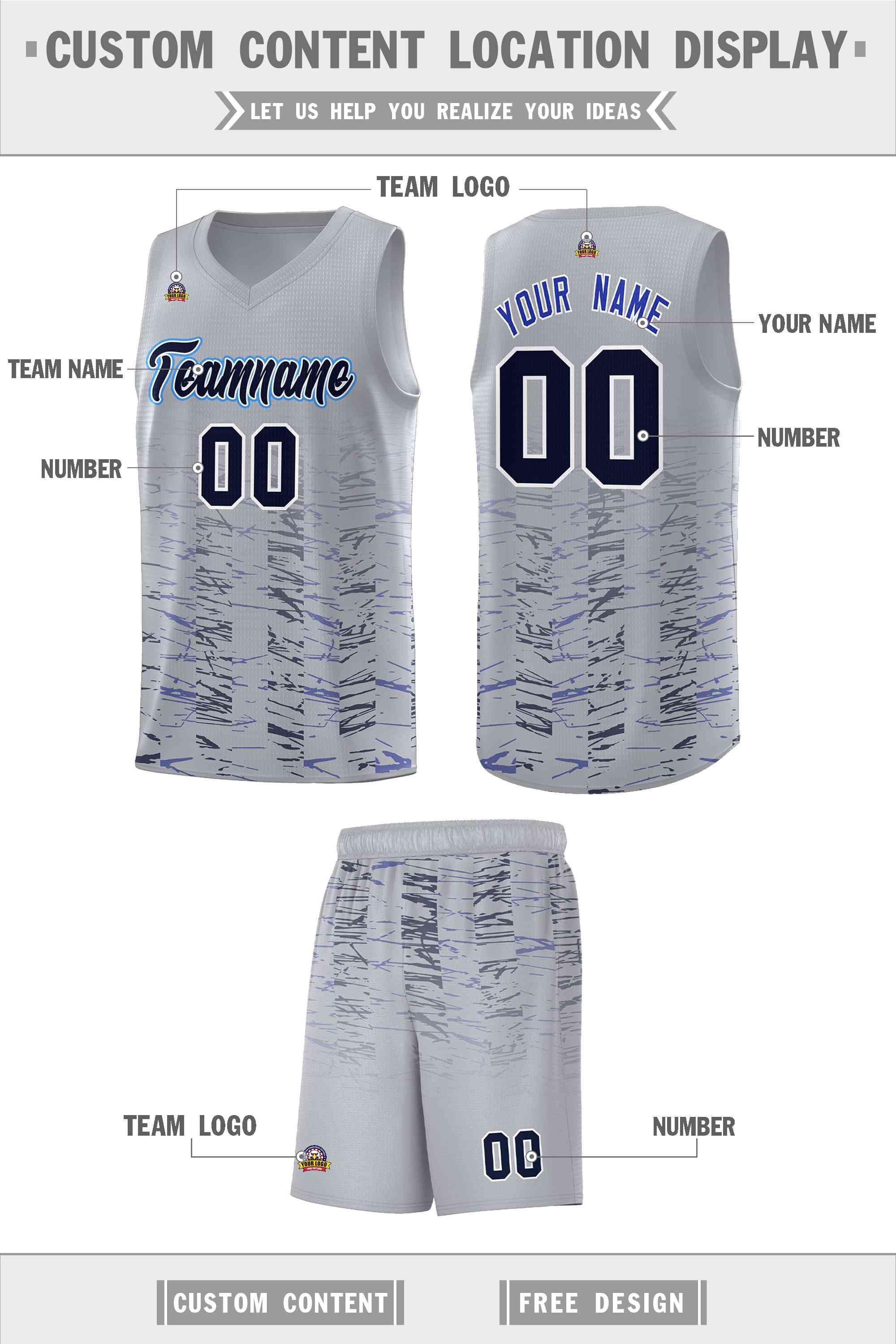 Custom Gray Navy Personalized Scratches Pattern Sports Uniform Basketball Jersey