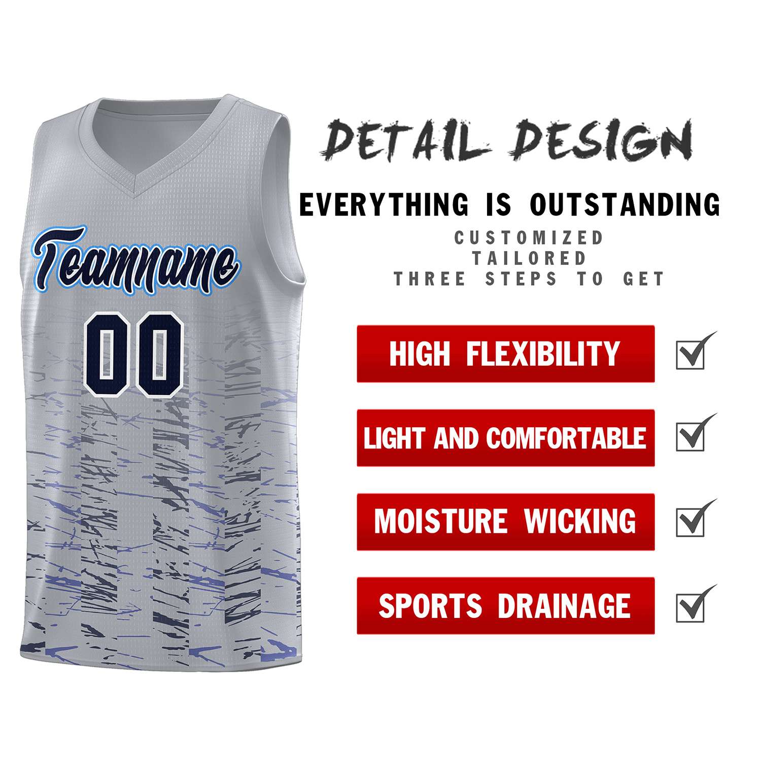 Custom Gray Navy Personalized Scratches Pattern Sports Uniform Basketball Jersey