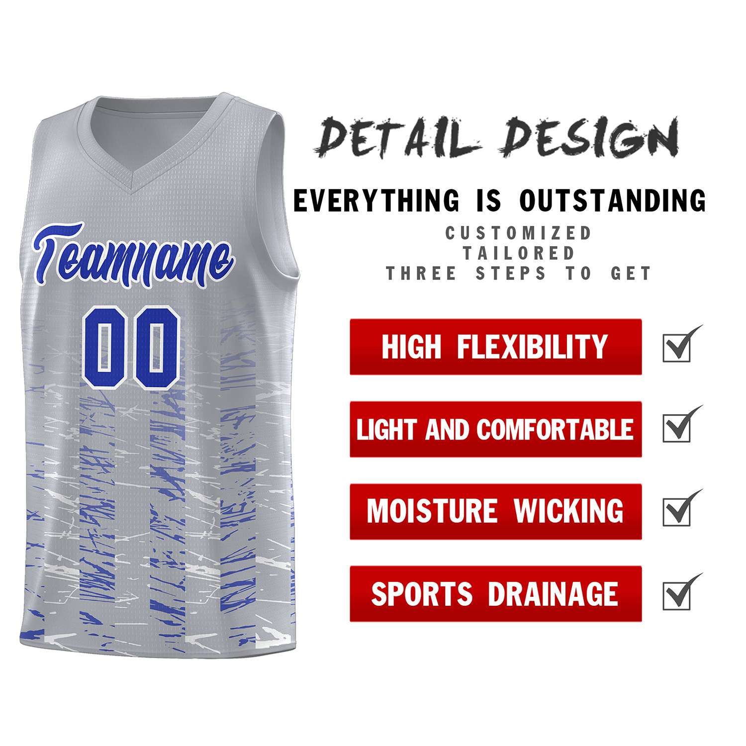 Custom Gray Royal Personalized Scratches Pattern Sports Uniform Basketball Jersey