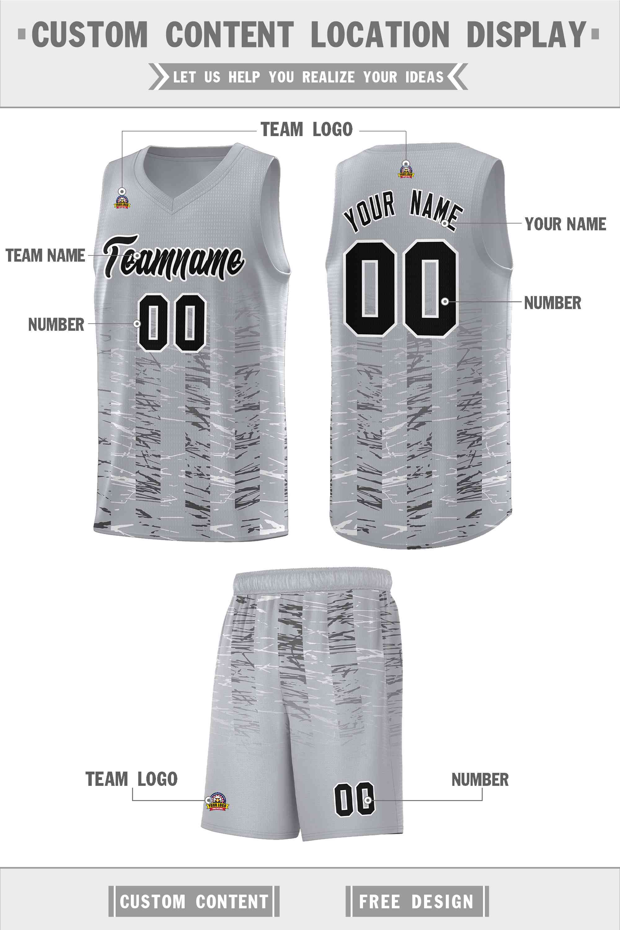 Custom Gray Black Personalized Scratches Pattern Sports Uniform Basketball Jersey