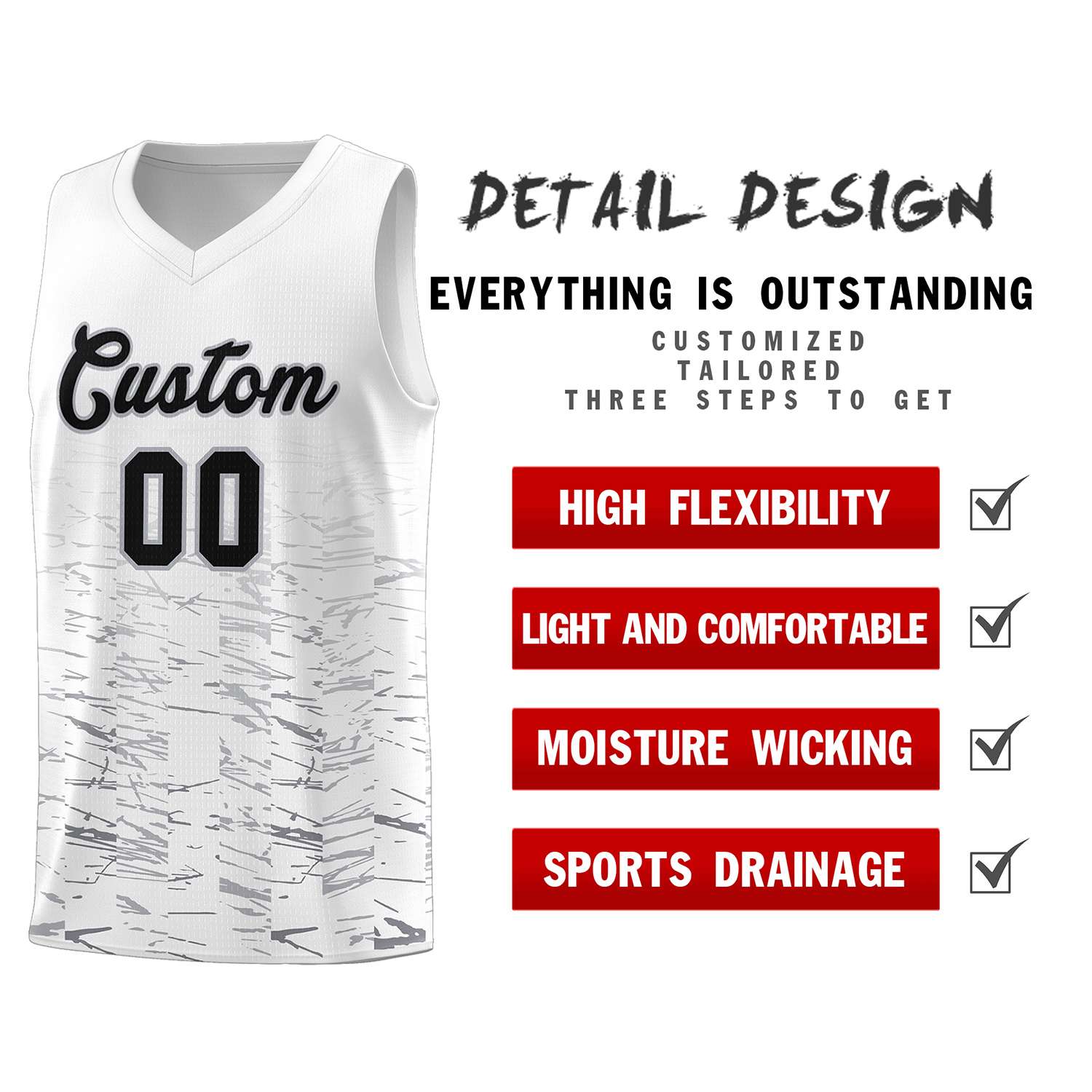 Custom White Black Personalized Scratches Pattern Sports Uniform Basketball Jersey