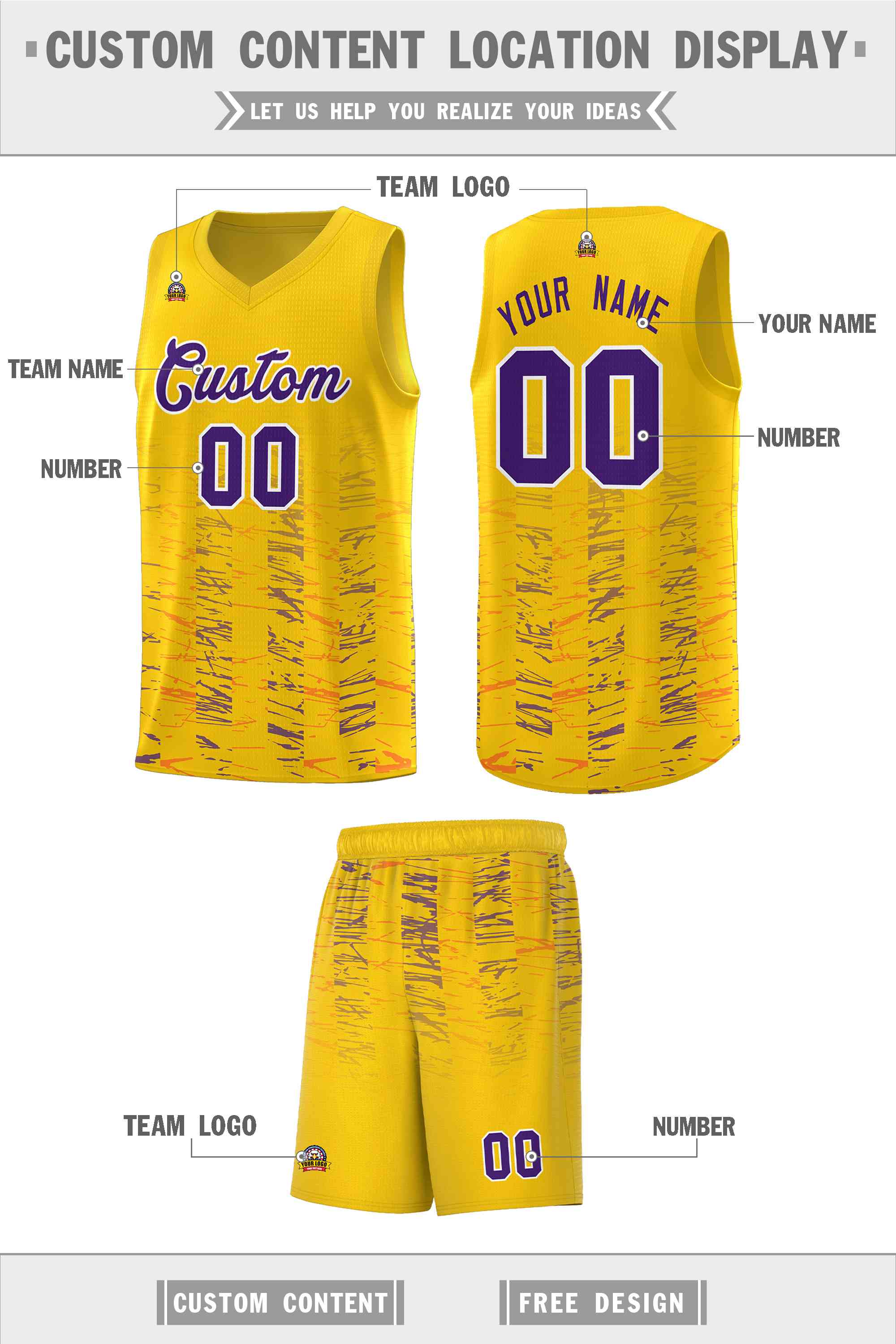 Custom Yellow Purple Personalized Scratches Pattern Sports Uniform Basketball Jersey