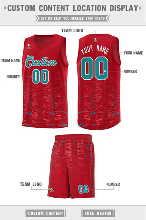 Custom Red Aqua Personalized Scratches Pattern Sports Uniform Basketball Jersey