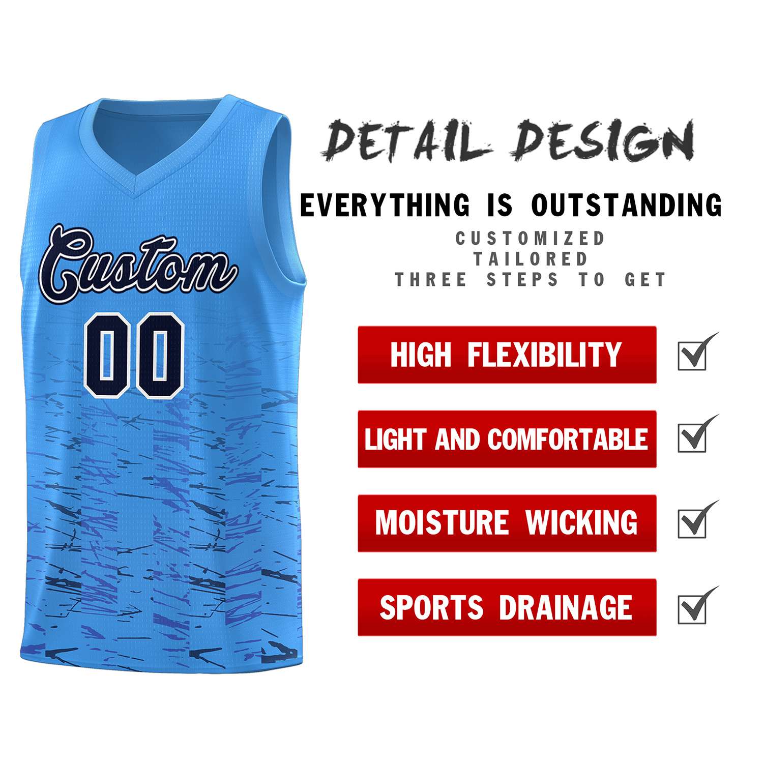 Custom Powder Blue Navy Personalized Scratches Pattern Sports Uniform Basketball Jersey