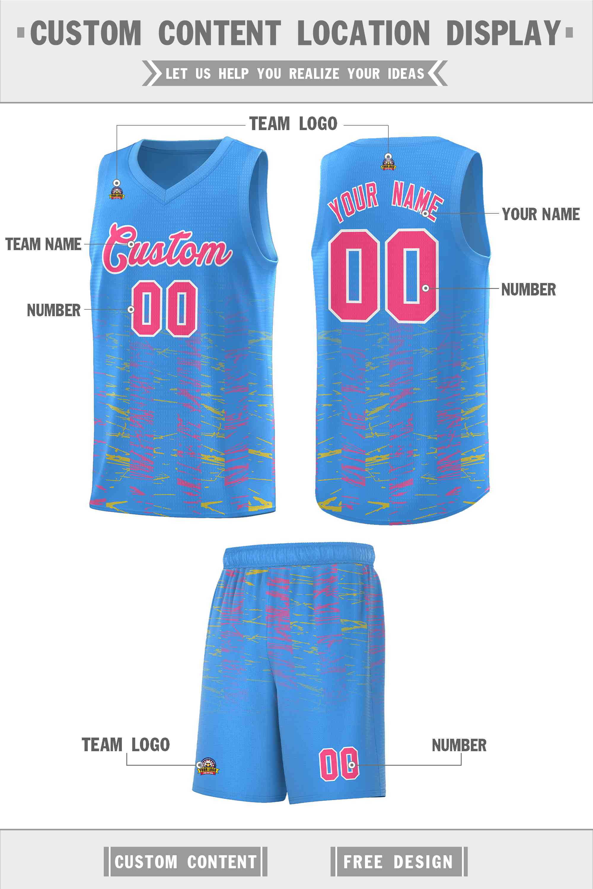 Custom Powder Blue Pink Personalized Scratches Pattern Sports Uniform Basketball Jersey