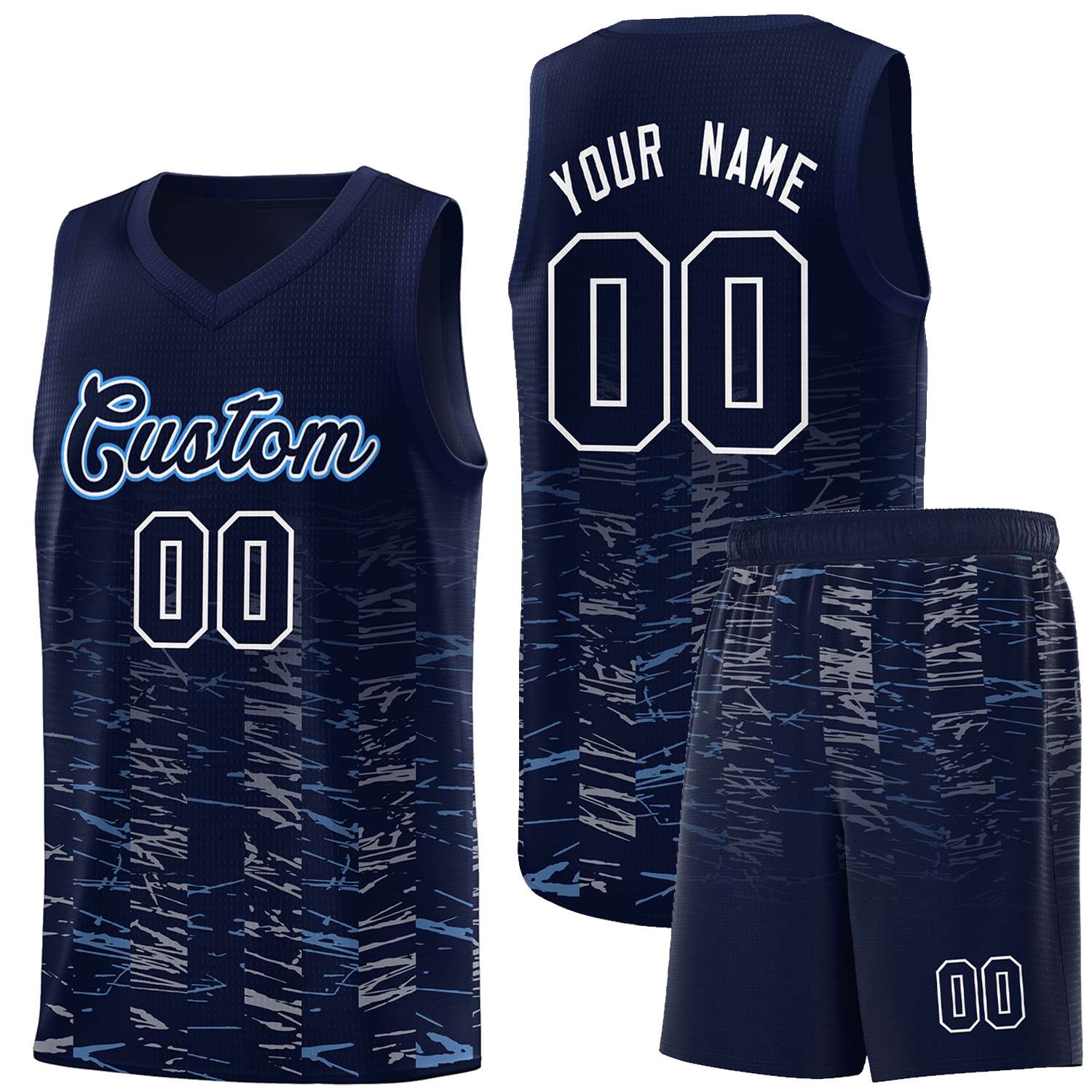 Custom Navy White Personalized Scratches Pattern Sports Uniform Basketball Jersey