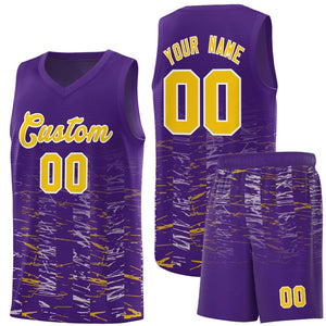 Custom Purple Gold Personalized Scratches Pattern Sports Uniform Basketball Jersey