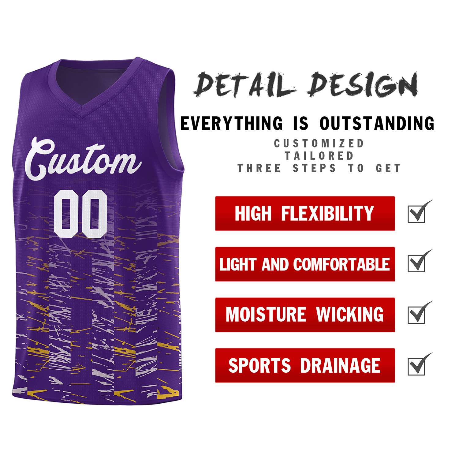 Custom Purple White Personalized Scratches Pattern Sports Uniform Basketball Jersey