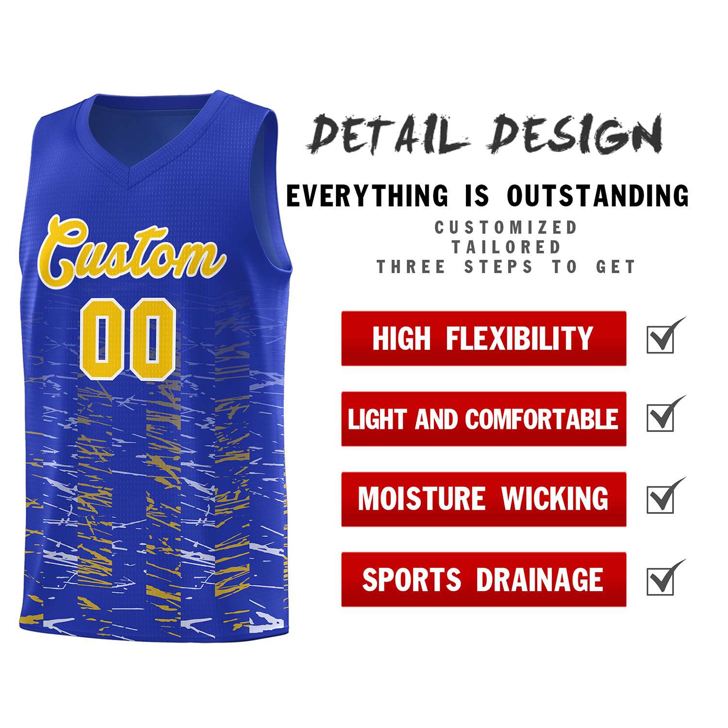 Custom Royal Gold Personalized Scratches Pattern Sports Uniform Basketball Jersey