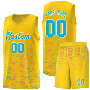 Custom Gold Sky Blue Personalized Scratches Pattern Sports Uniform Basketball Jersey