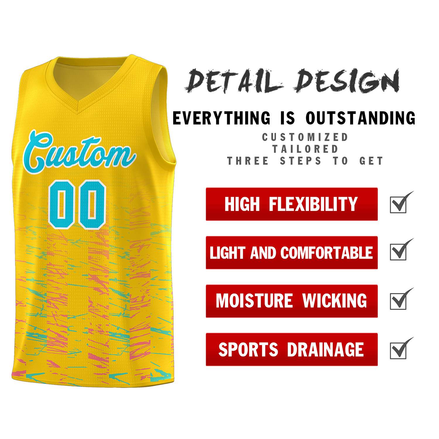 Custom Gold Sky Blue Personalized Scratches Pattern Sports Uniform Basketball Jersey