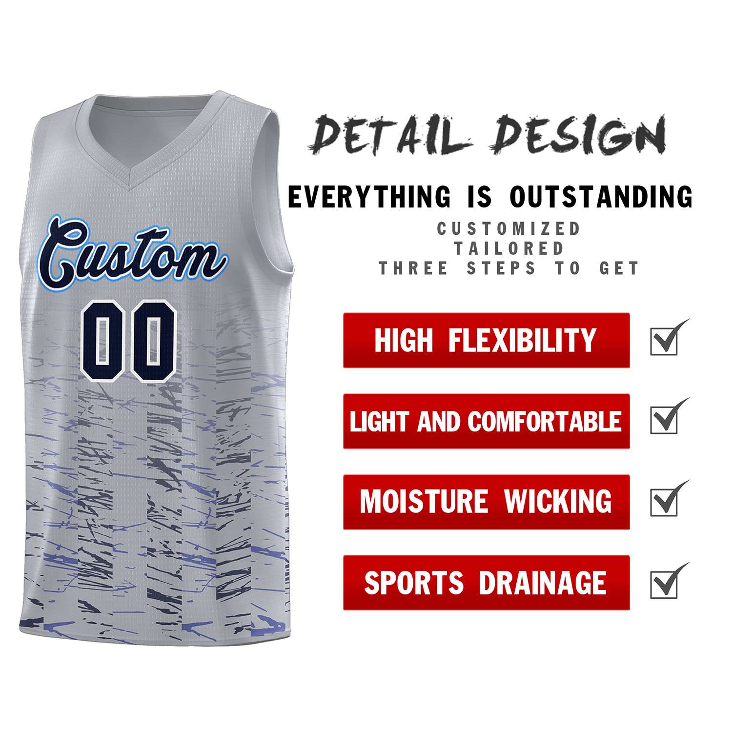 Custom Gray Navy Personalized Scratches Pattern Sports Uniform Basketball Jersey