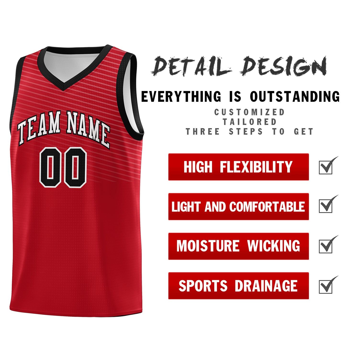 Custom Red Black Chest Slash Patttern Sports Uniform Basketball Jersey