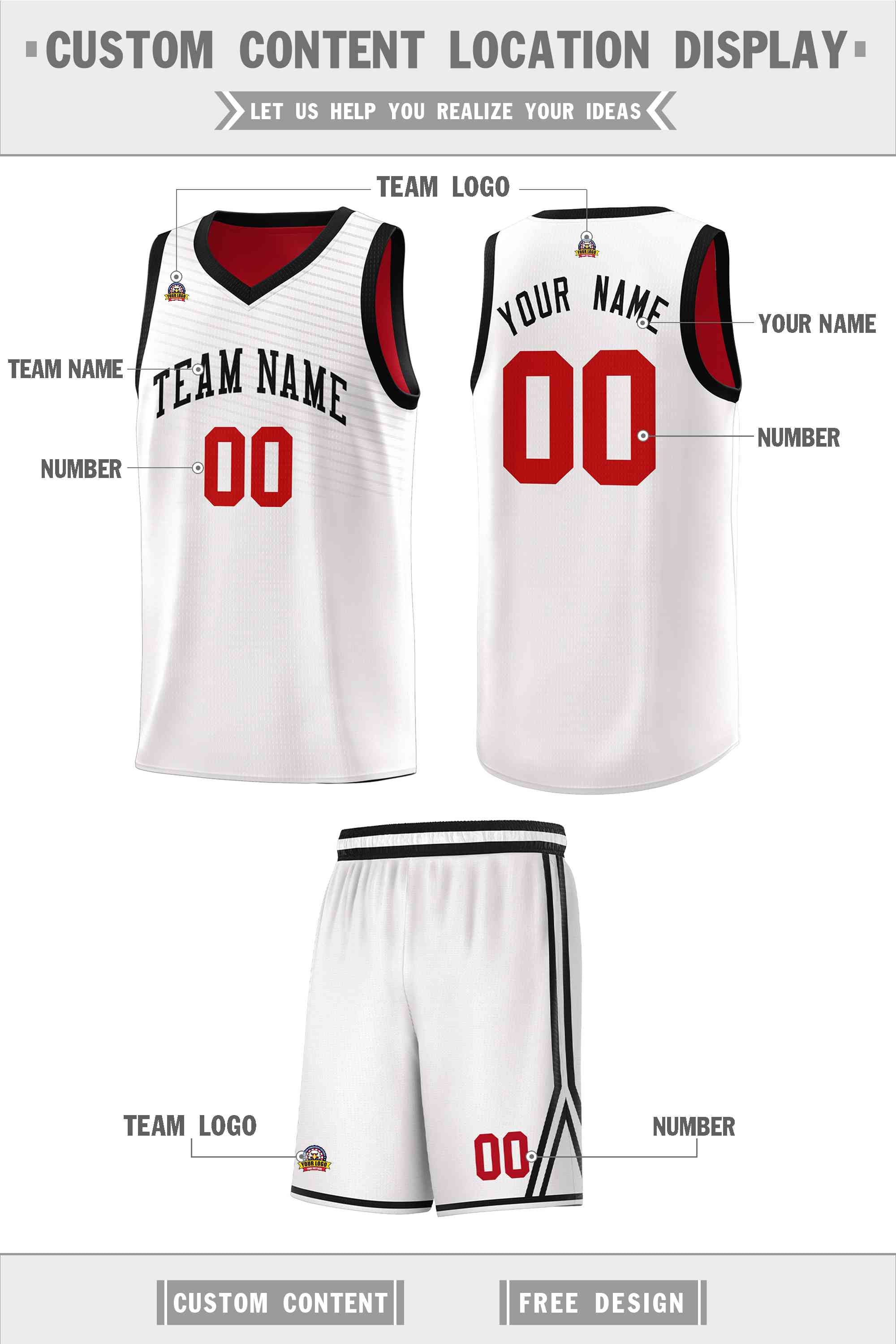 Custom White Red Chest Slash Patttern Sports Uniform Basketball Jersey