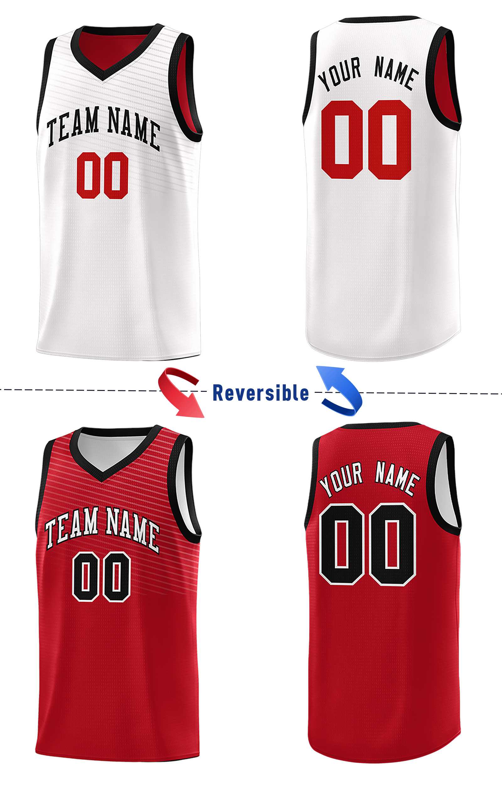 Custom Red White Chest Slash Patttern Double Side Sports Uniform Basketball Jersey