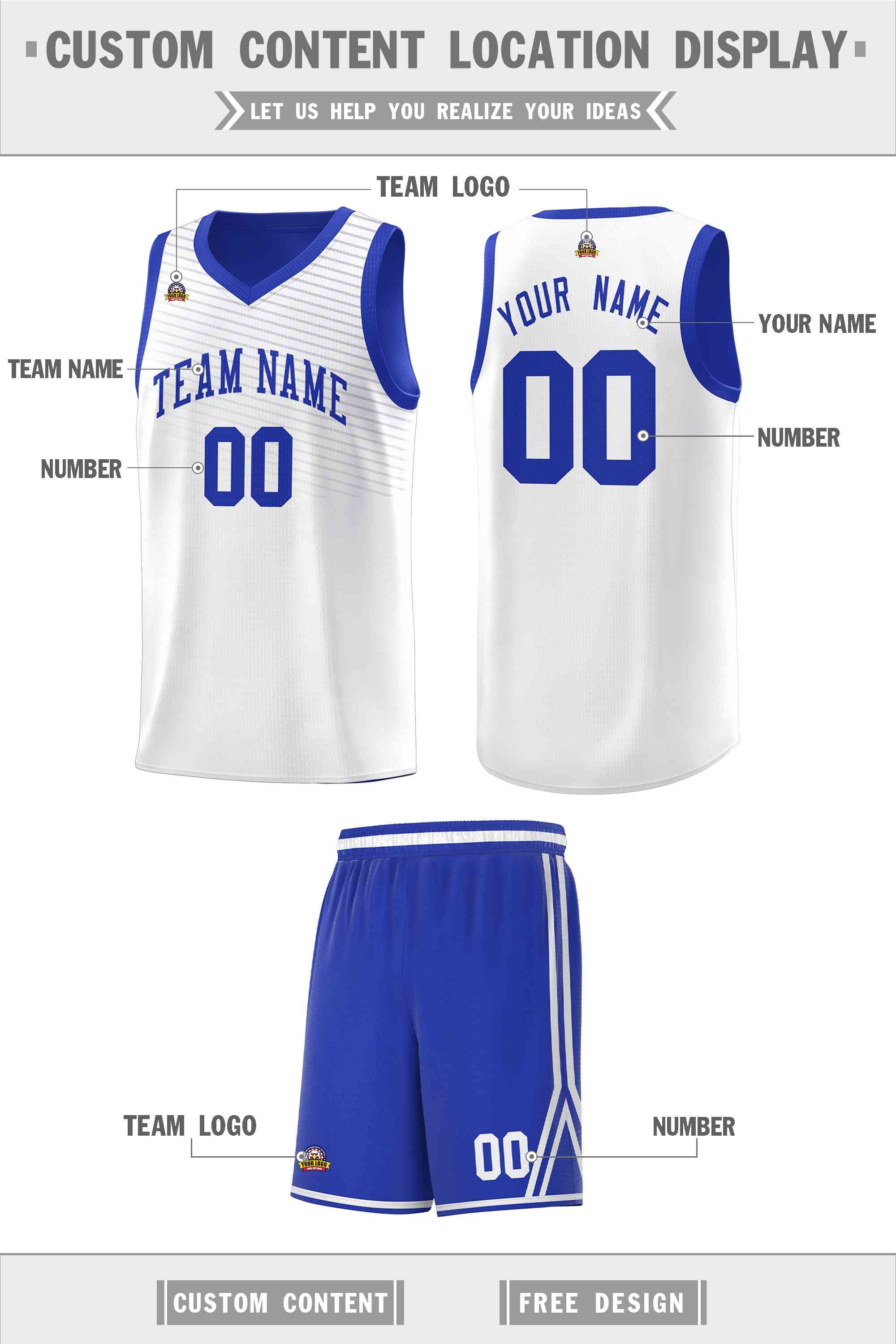 Custom White Royal Chest Slash Patttern Sports Uniform Basketball Jersey