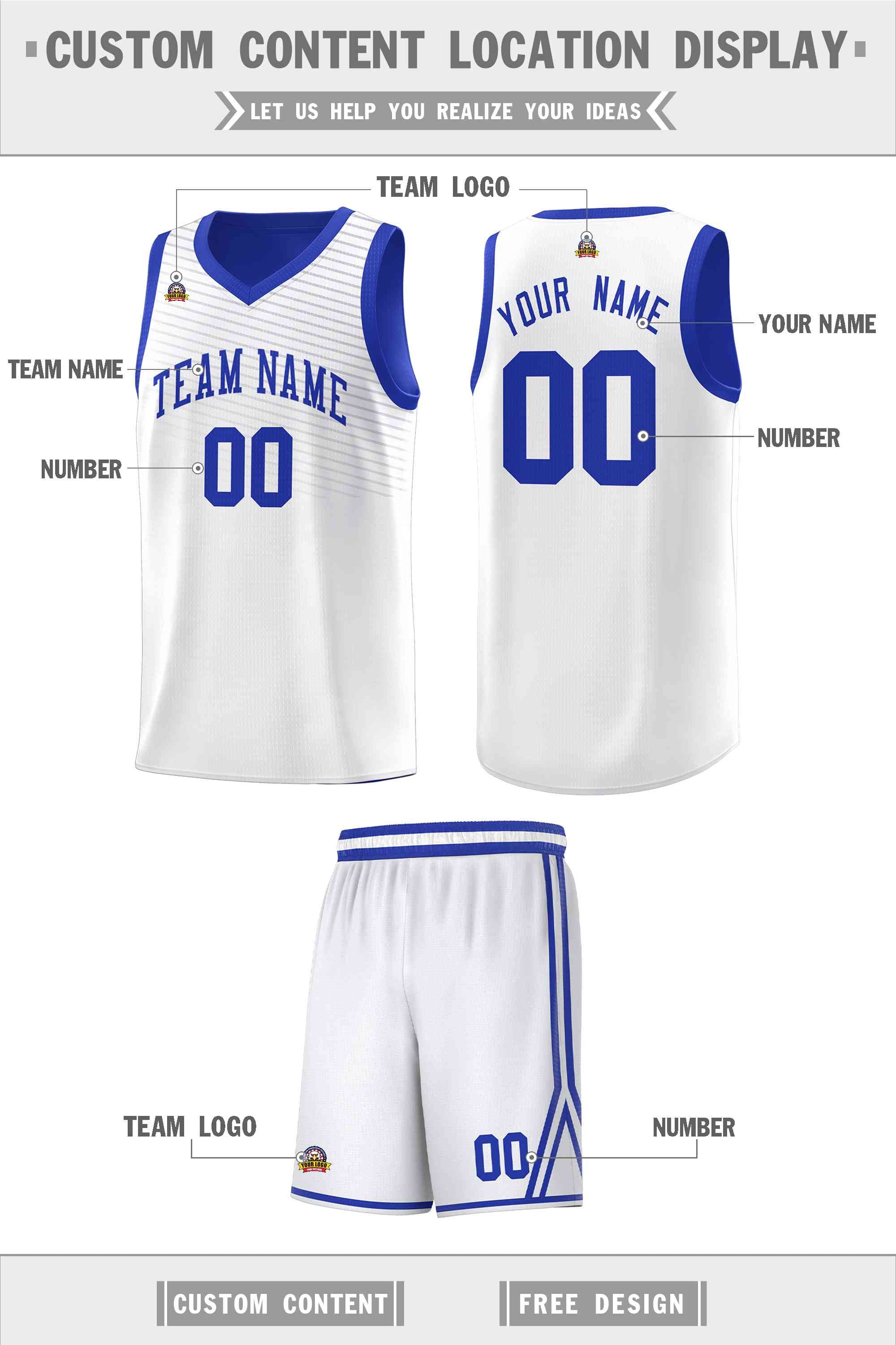 Custom White Royal Chest Slash Patttern Sports Uniform Basketball Jersey