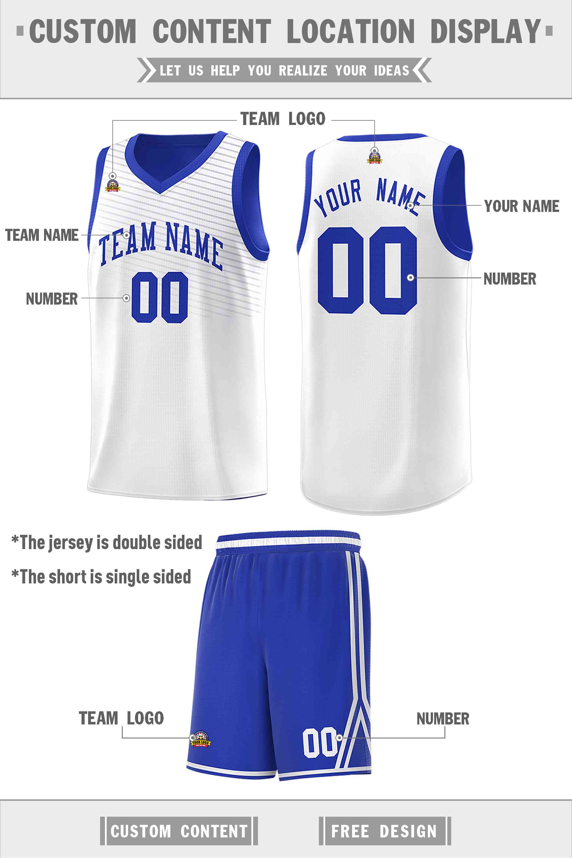 Custom Royal White Chest Slash Patttern Double Side Sports Uniform Basketball Jersey