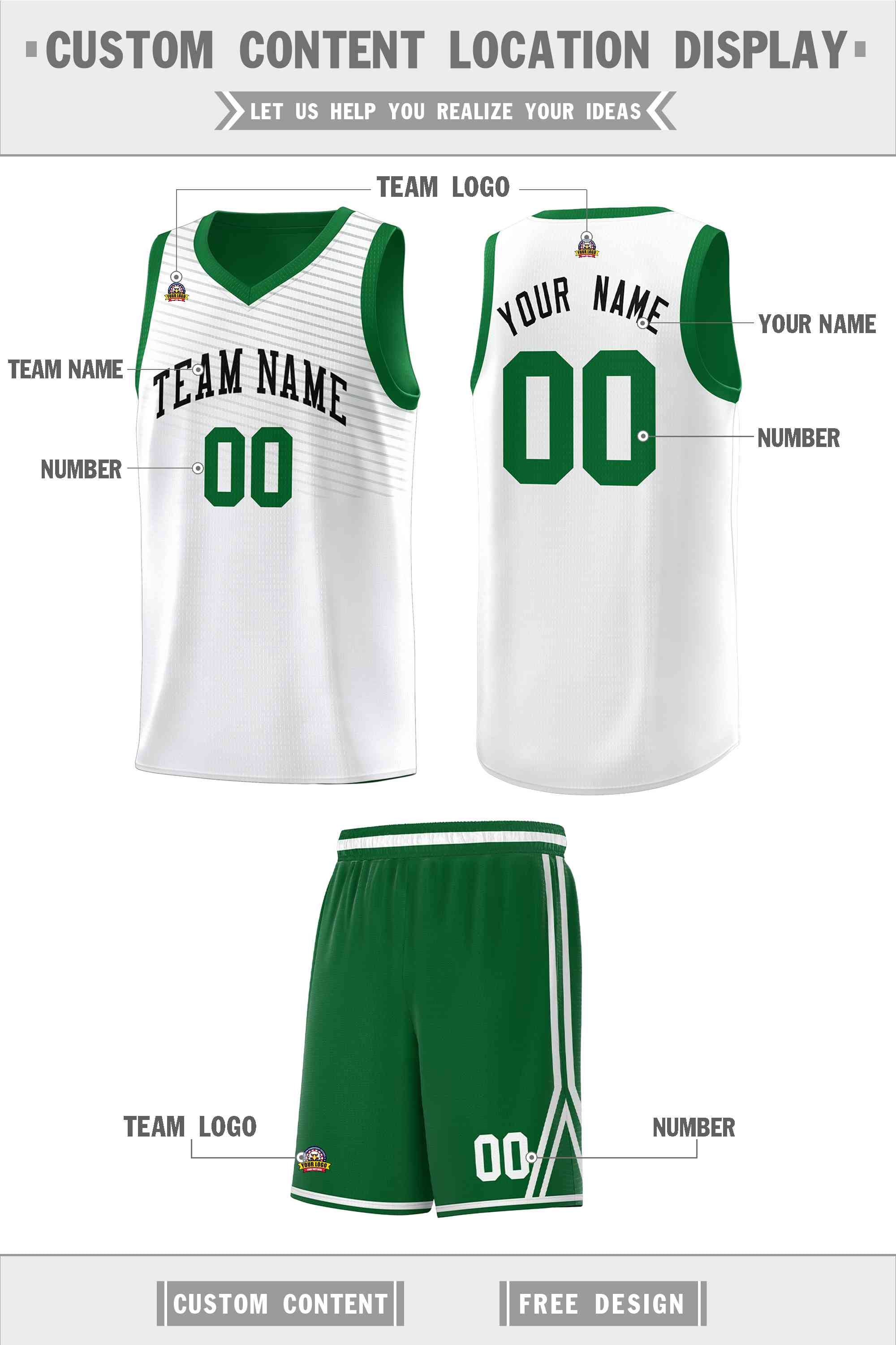 Custom White Green Chest Slash Patttern Sports Uniform Basketball Jersey