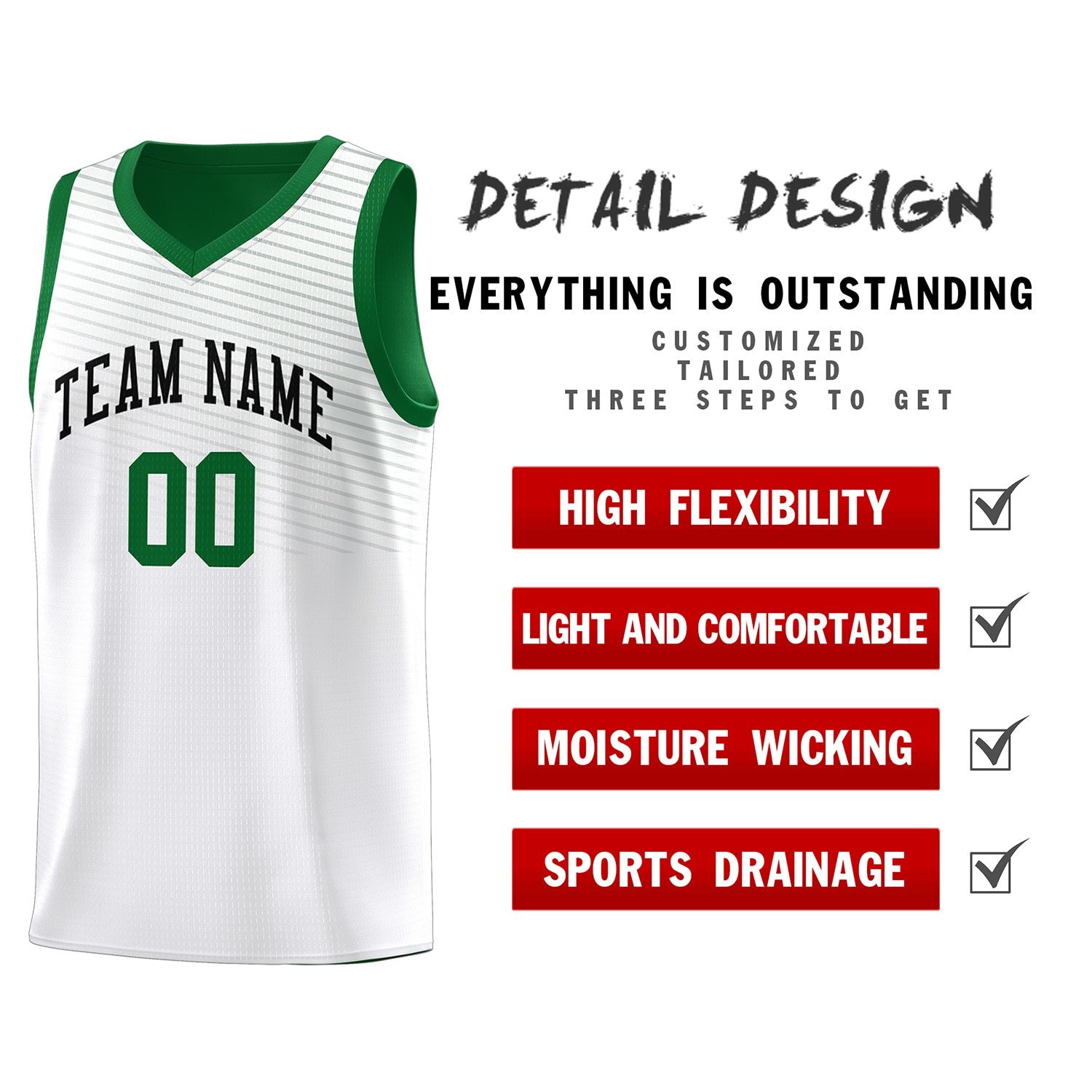 Custom White Green Chest Slash Patttern Sports Uniform Basketball Jersey