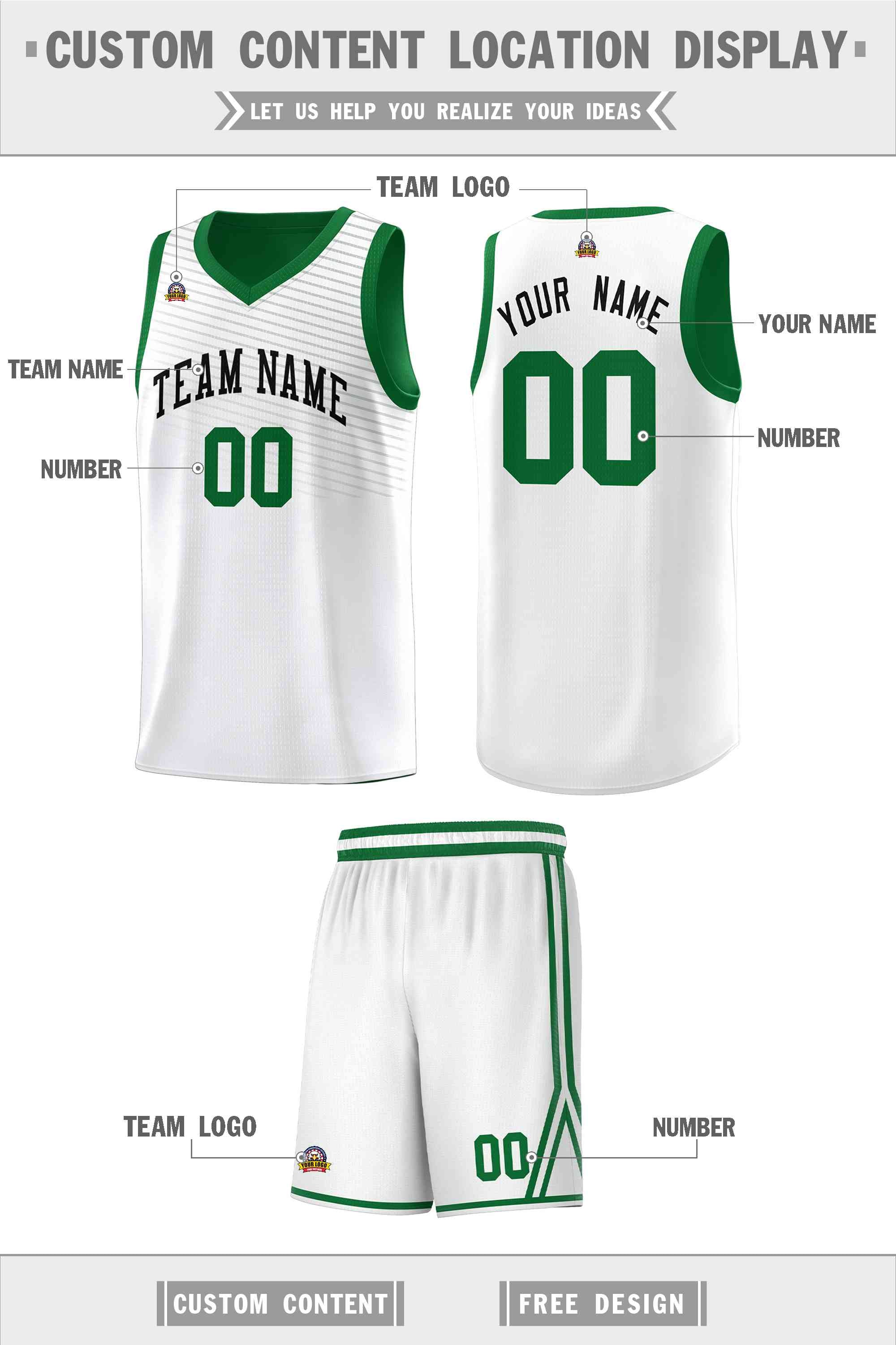 Custom White Green Chest Slash Patttern Sports Uniform Basketball Jersey