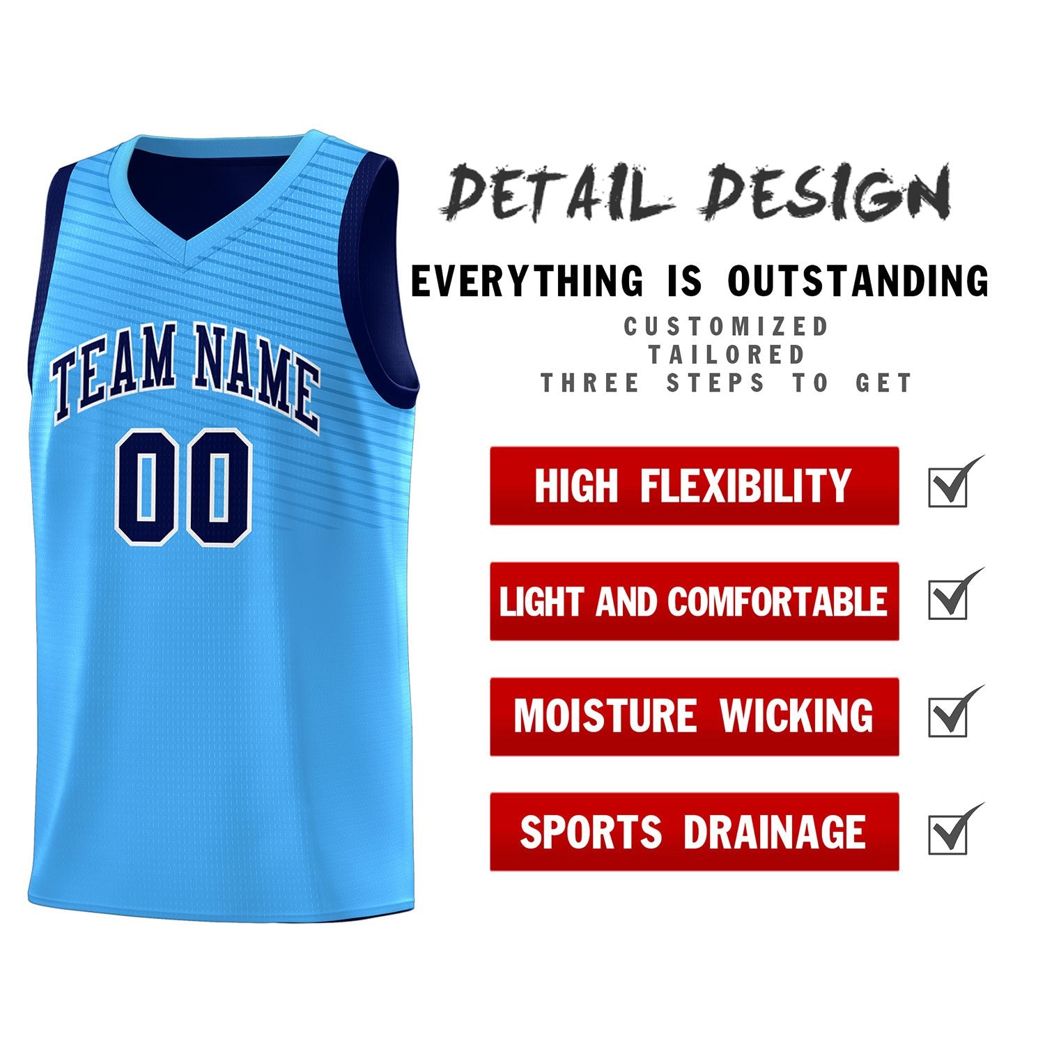 Custom Powder Blue Blue Chest Slash Patttern Sports Uniform Basketball Jersey