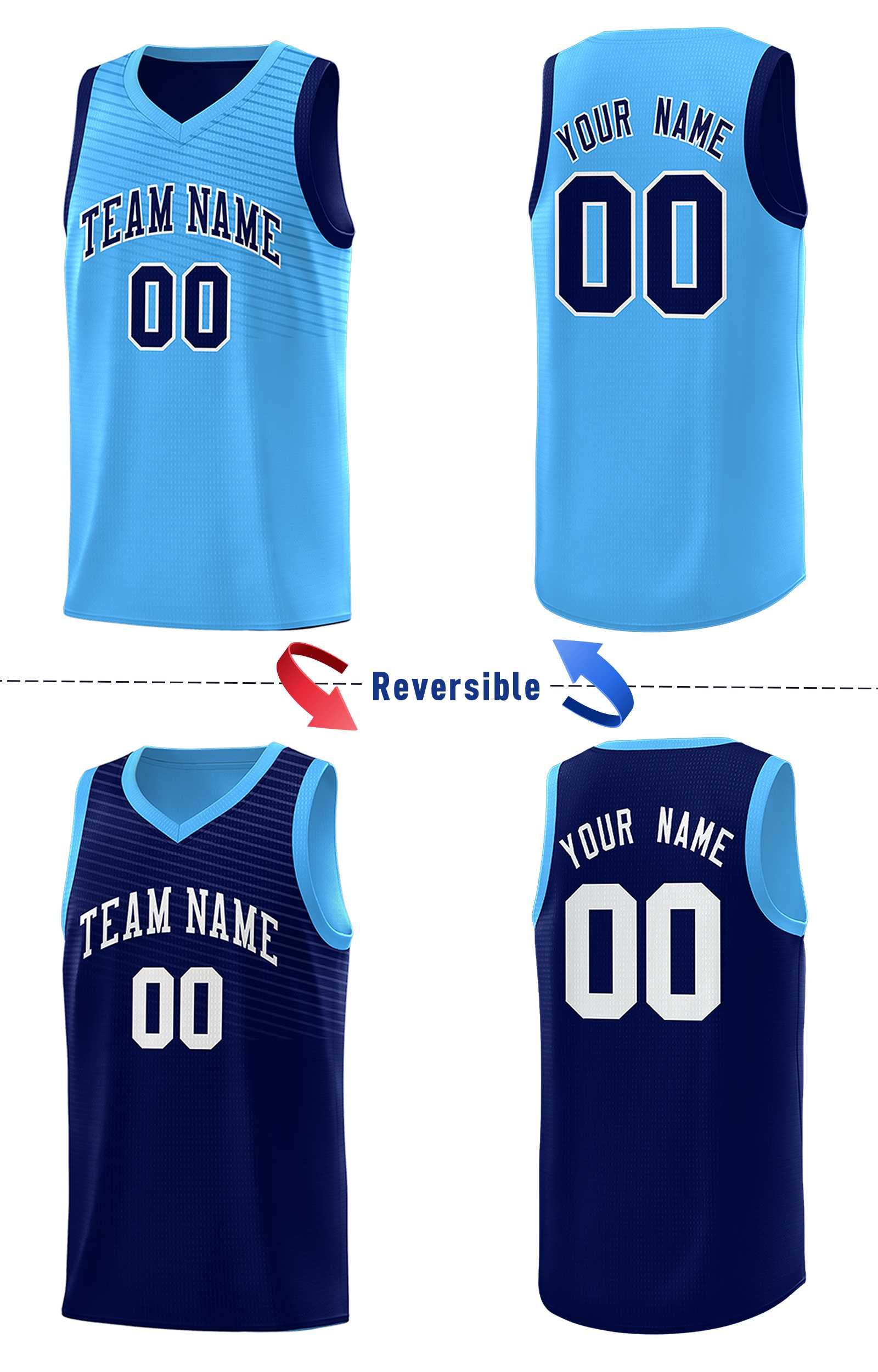 Custom Blue Light Blue Chest Slash Patttern Double Side Sports Uniform Basketball Jersey