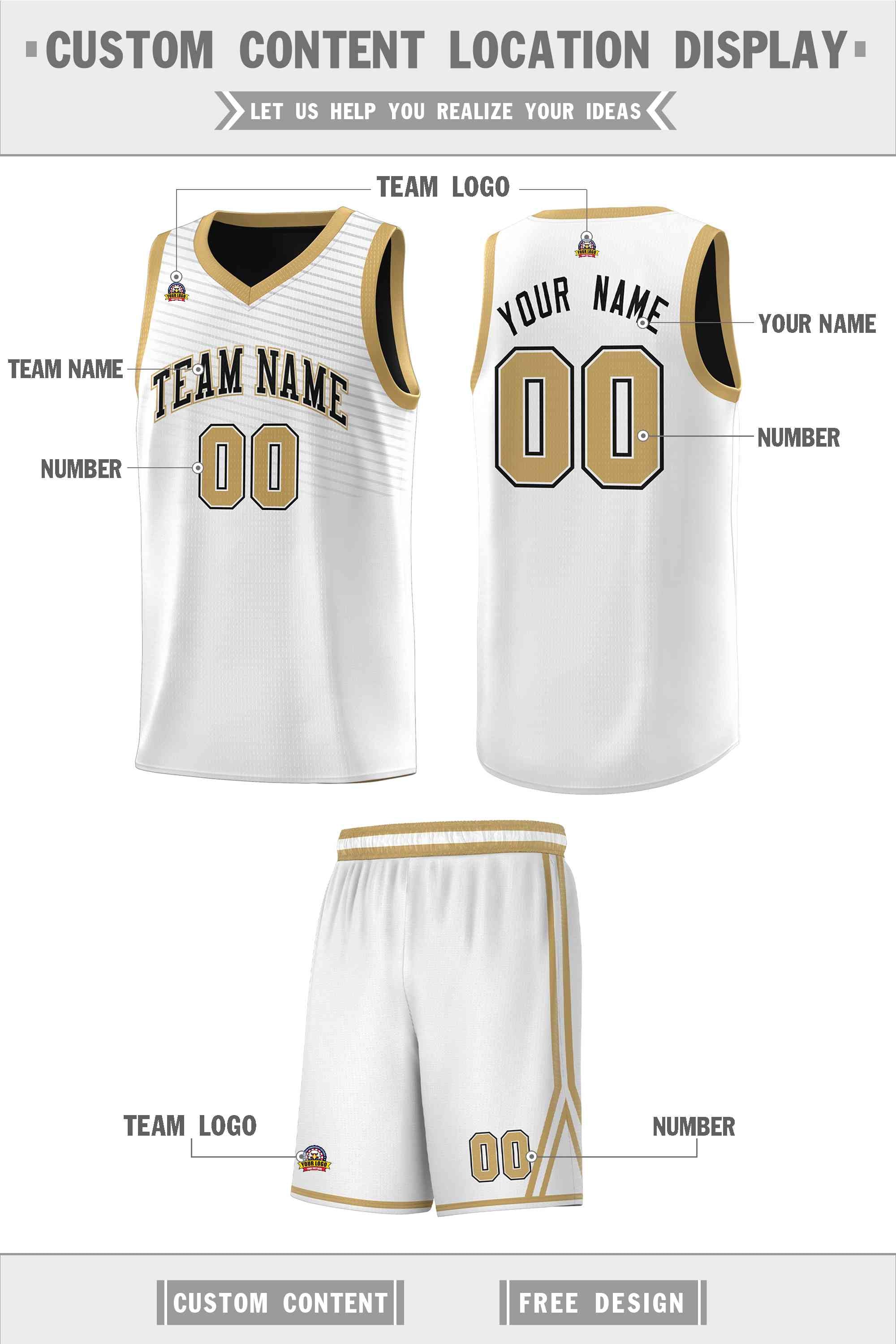 Custom White Old Gold Chest Slash Patttern Sports Uniform Basketball Jersey