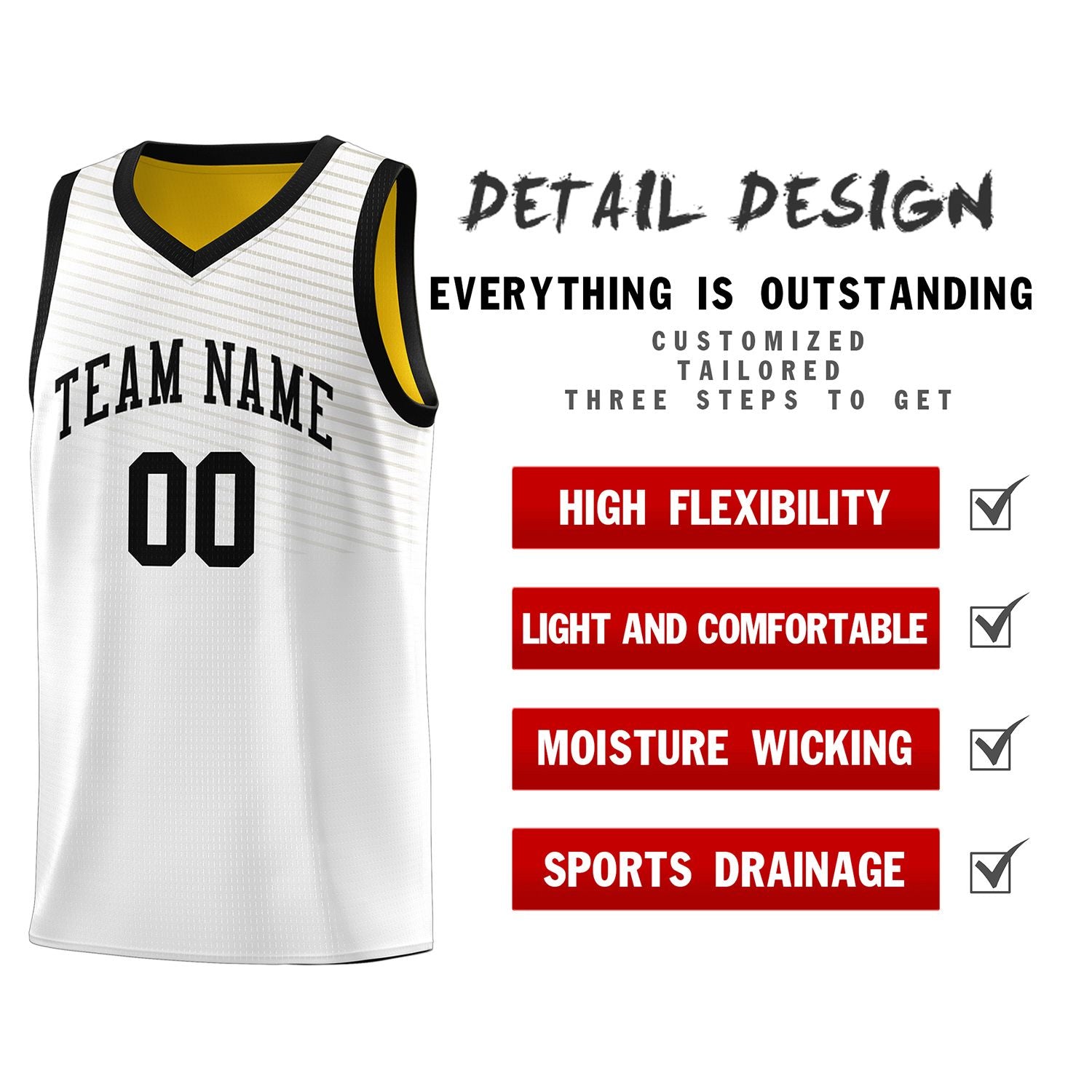 Custom White Gold Chest Slash Patttern Sports Uniform Basketball Jersey