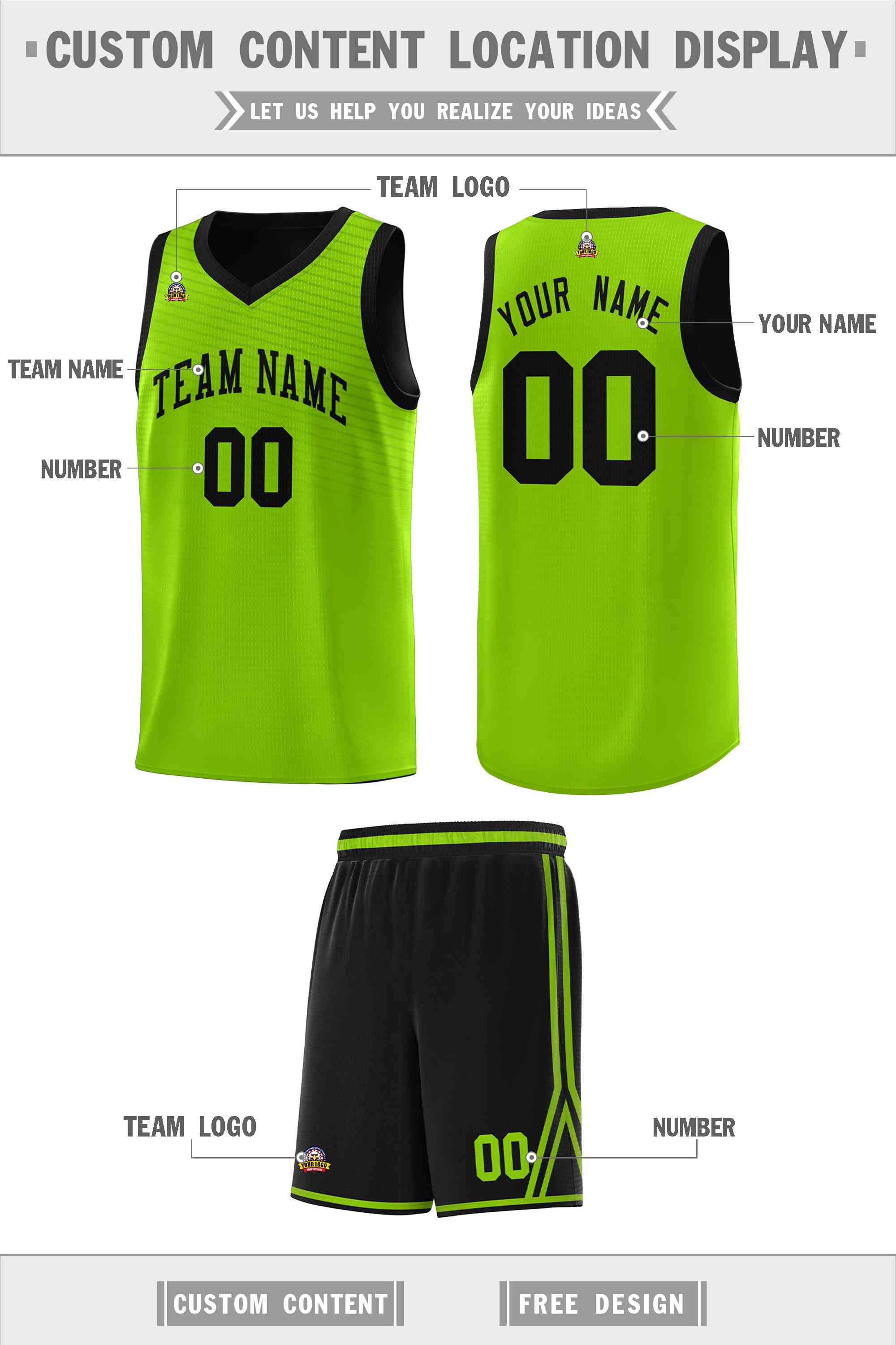 Custom Neon Green Black Chest Slash Patttern Sports Uniform Basketball Jersey