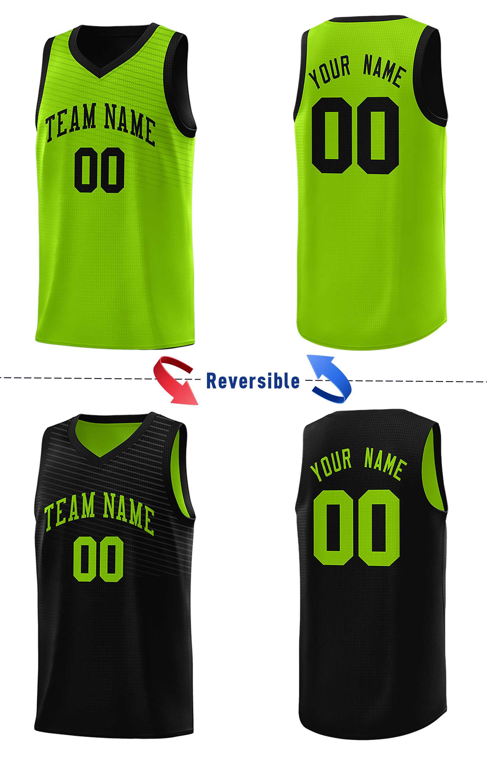 Custom Black Neon Green Chest Slash Patttern Double Side Sports Uniform Basketball Jersey