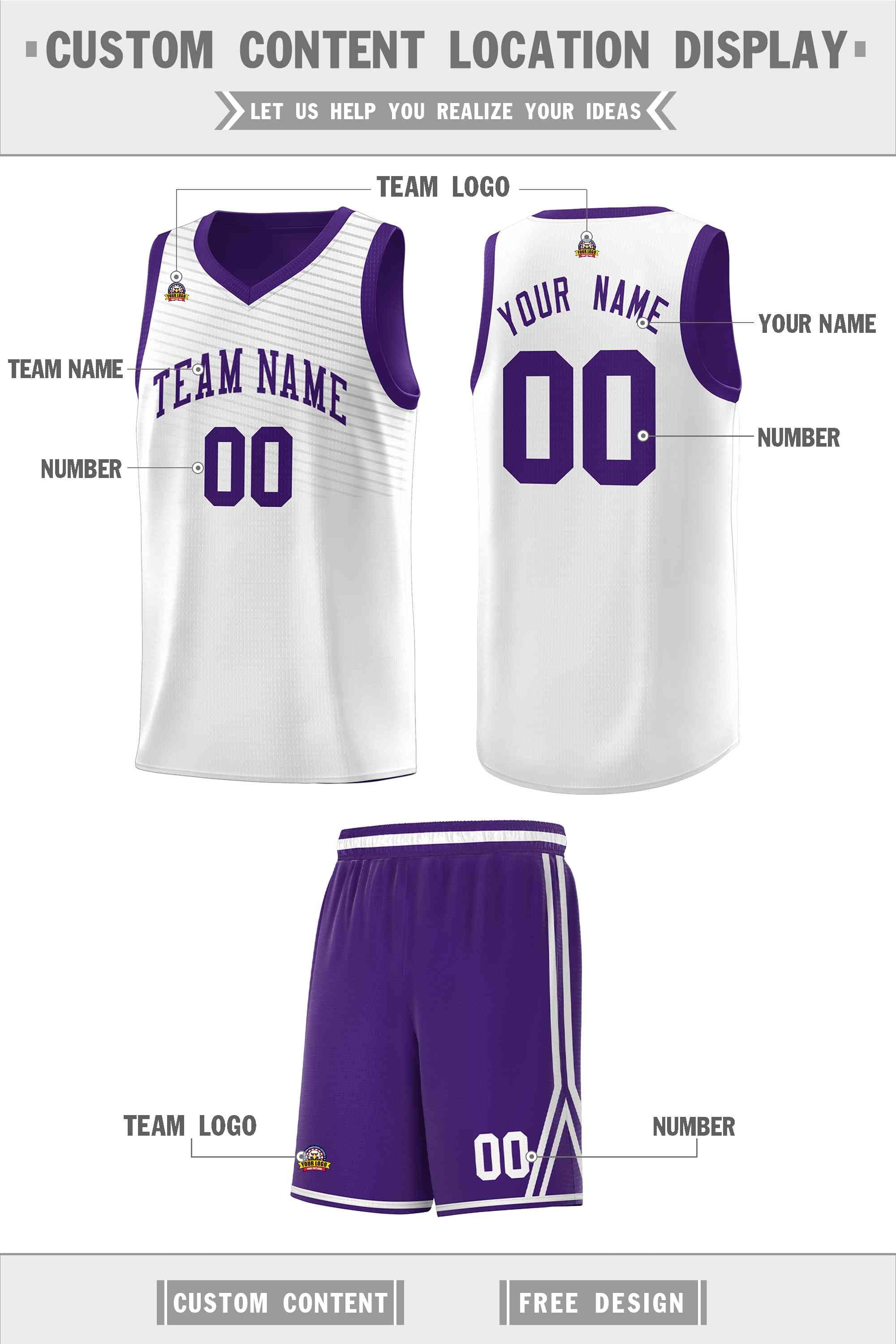 Custom White Purple Chest Slash Patttern Sports Uniform Basketball Jersey