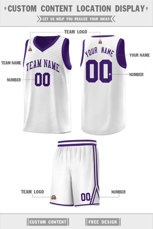 Custom White Purple Chest Slash Patttern Sports Uniform Basketball Jersey