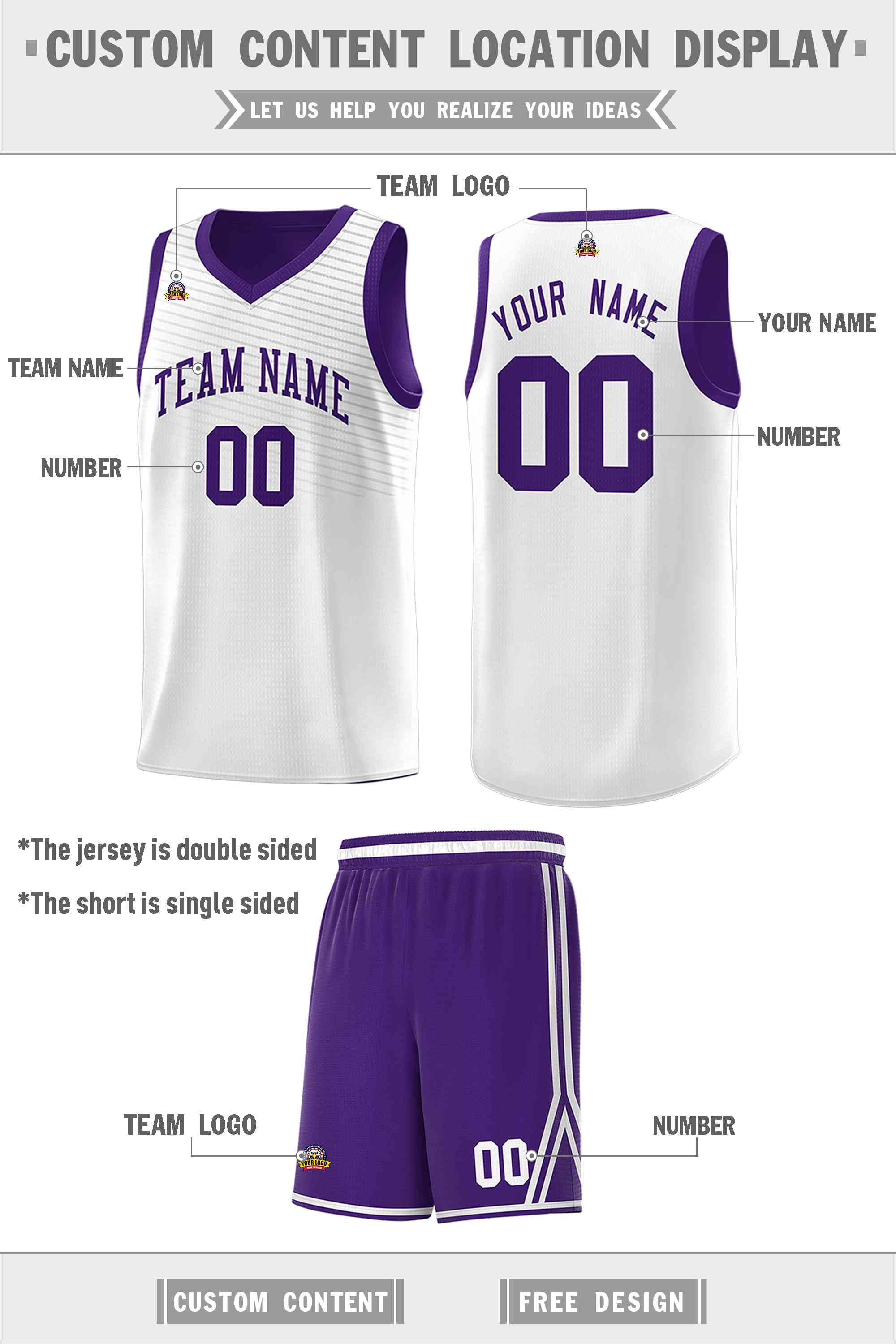 Custom Purple White Chest Slash Patttern Double Side Sports Uniform Basketball Jersey