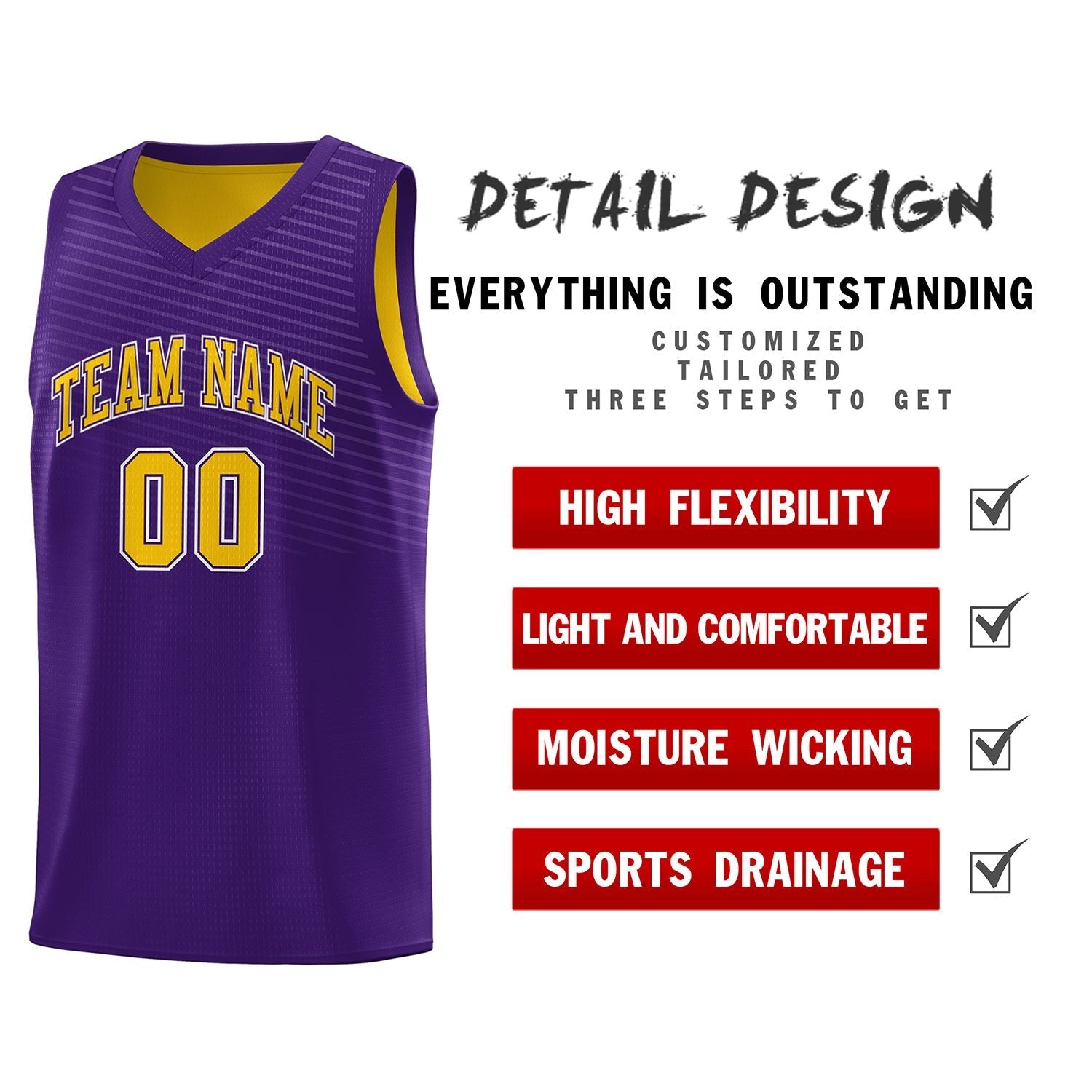 Custom Purple Gold Chest Slash Patttern Sports Uniform Basketball Jersey