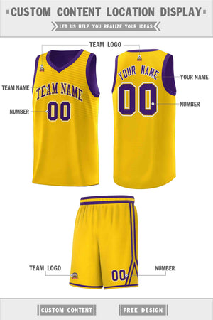 Custom Gold Purple Chest Slash Patttern Sports Uniform Basketball Jersey