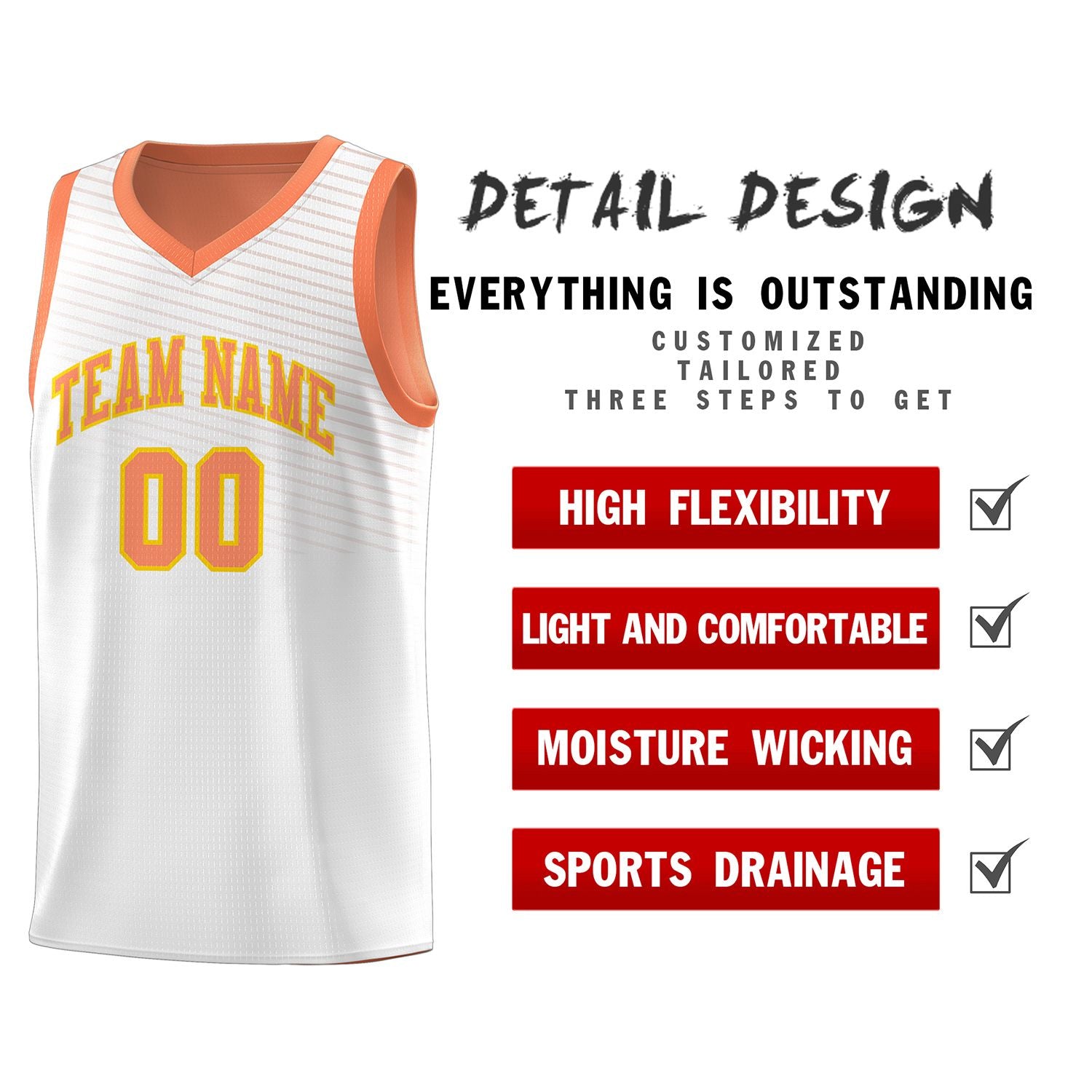 Custom White Light Orange Chest Slash Patttern Sports Uniform Basketball Jersey