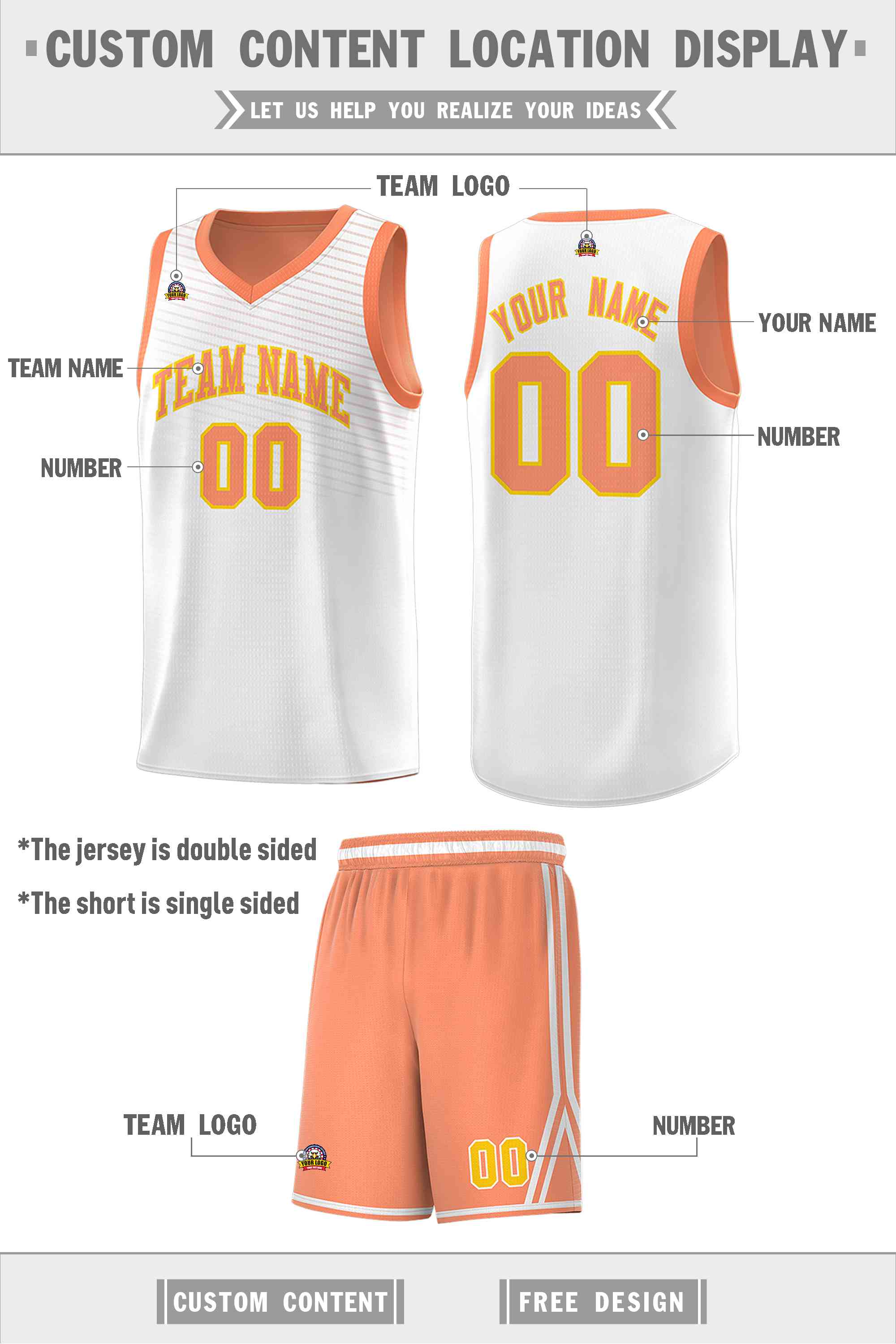 Custom Light Orange White Chest Slash Patttern Double Side Sports Uniform Basketball Jersey